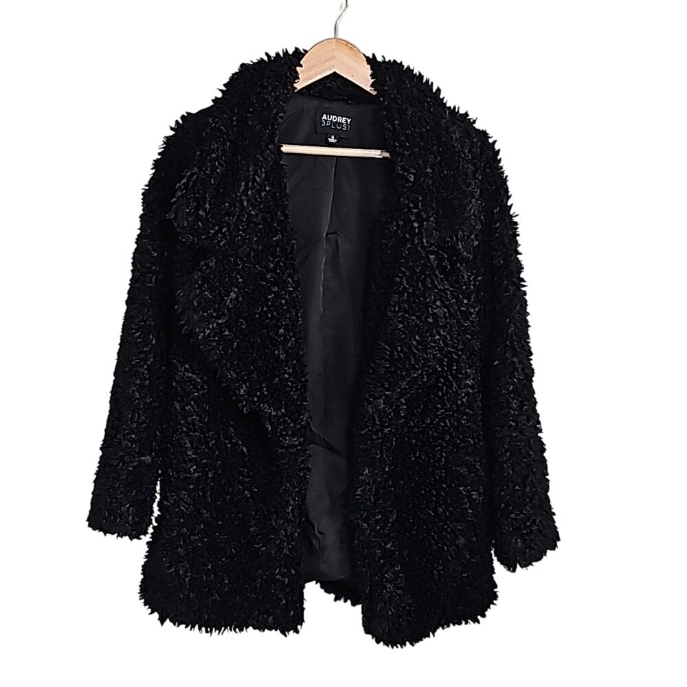 Black Furry‎ Jacket Coat Audrey 3 Plus 1 Fluffy Jacket Party Cocktail Size S EUC